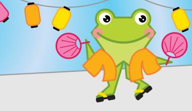 Illustration of kaeru in an orange jacket and sandals holds fans and walks along a wall of colorful lanterns